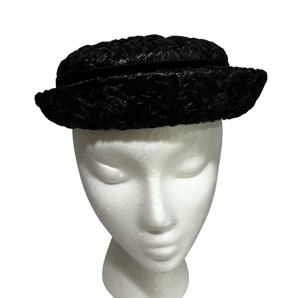 Vintage black straw pillbox hat by Winkelman’s velvet hatband upturned brim